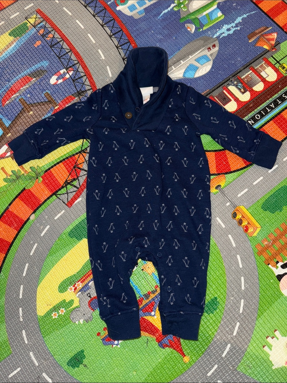Navy Penguin-Print Hooded Baby One-Piece